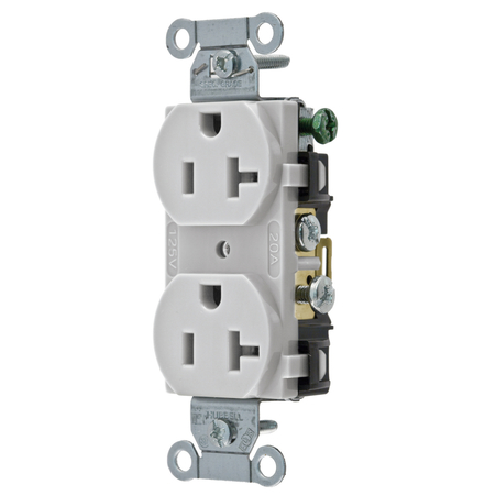 HUBBELL WIRING DEVICE-KELLEMS Straight Blade Devices, Receptacles, Duplex, Commercial Grade, 2-Pole 3-Wire Grounding, 20A 125V, 5-20R, Office White, Single Pack CR20OW